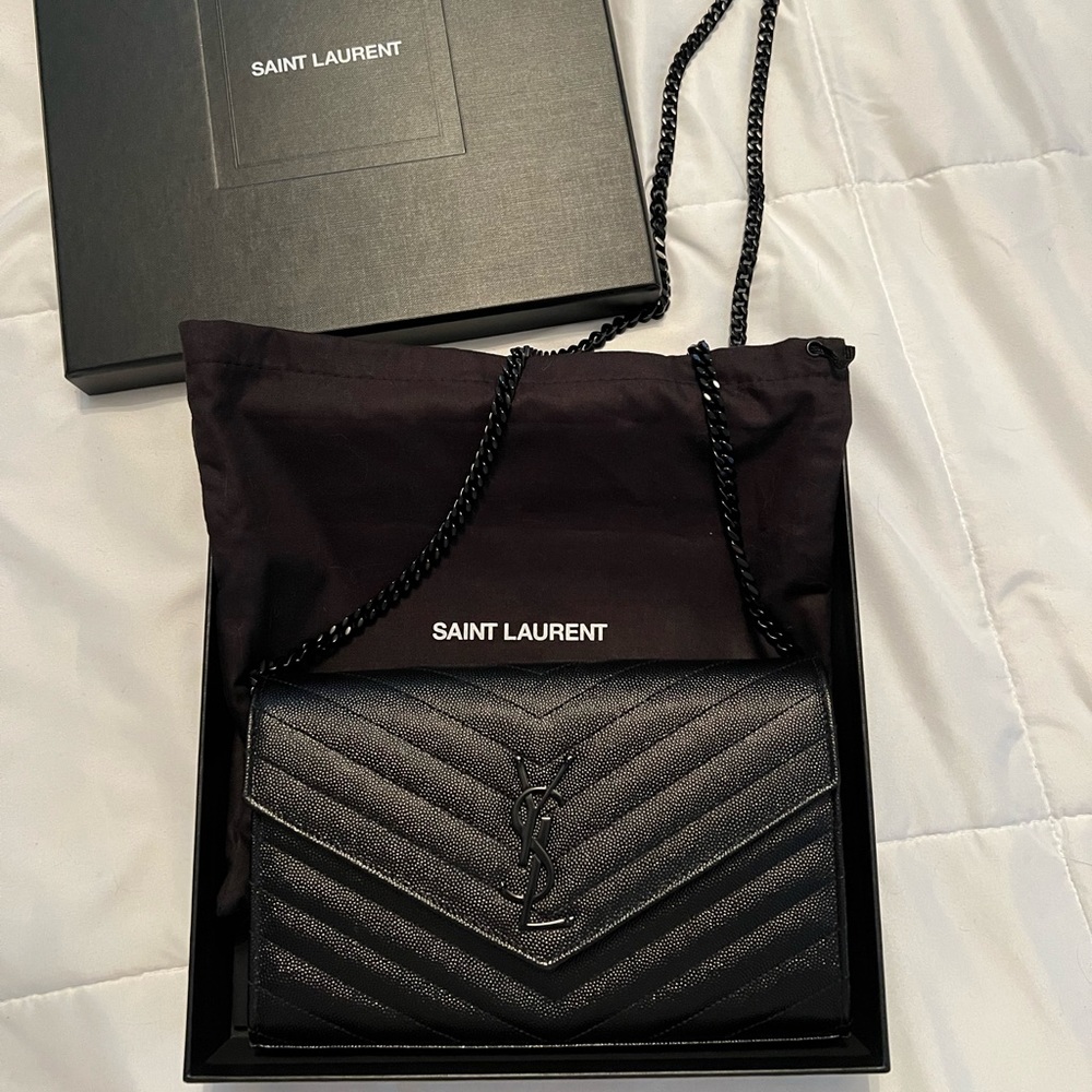 SAINT LAURENT Monogram Quilted Leather Chain Wallet- Authentic